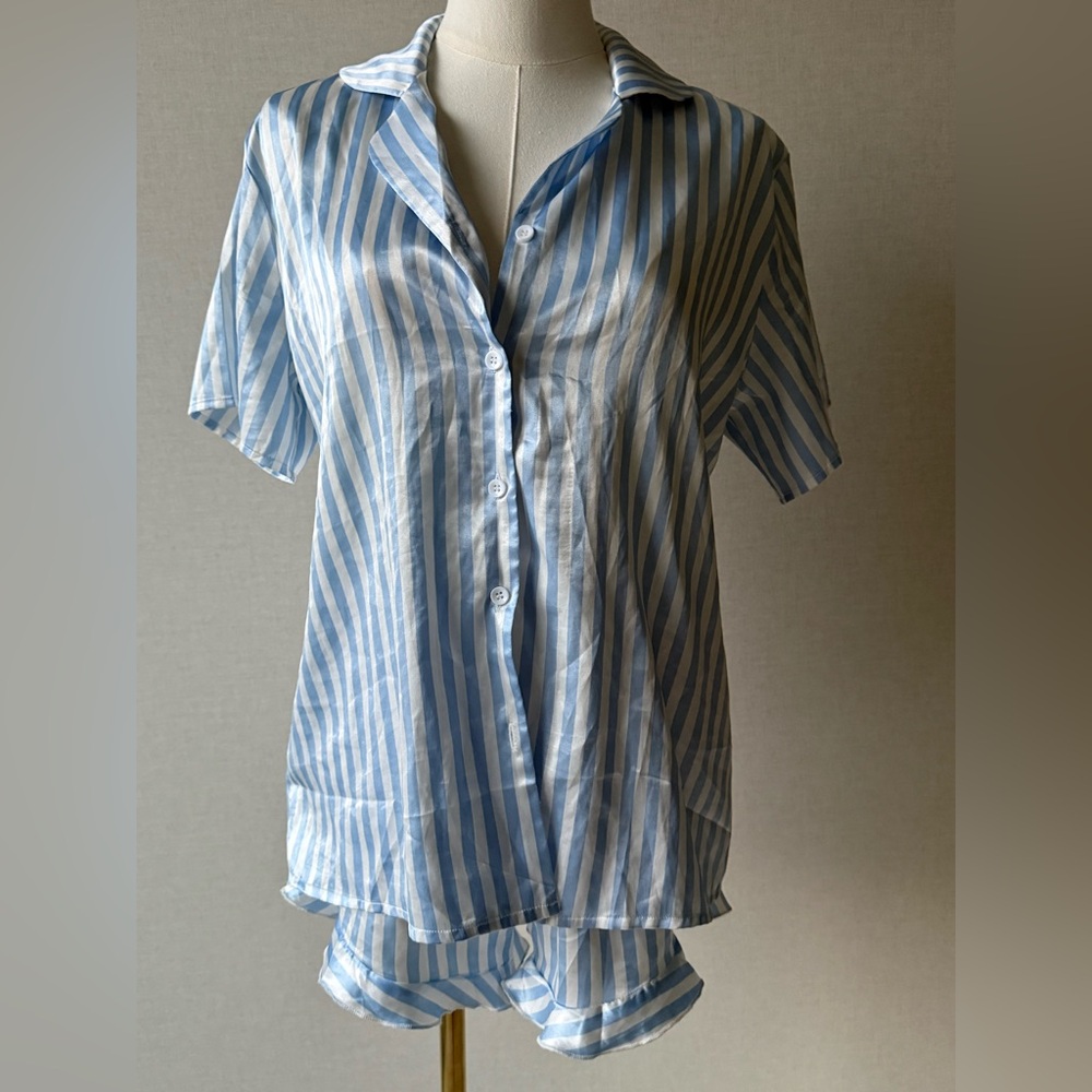 Striped Blue & White Women's Pajama Set - Classic Button Front
